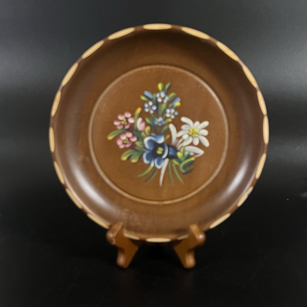 Vintage Wooden Plate Wall Decor 7" Hand Painted Floral Swiss Made